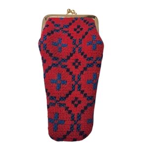 Vintage Woven Wool Blend Tapestry Eyeglass Sunglass Case Geometric Red Blue Snap